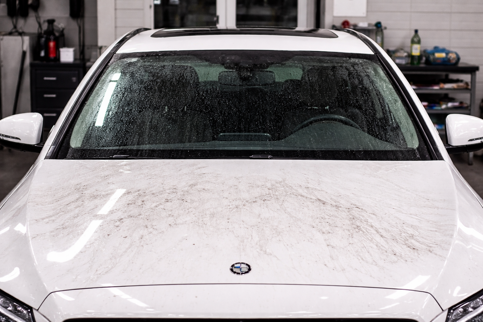 Fahrzeugscheibe vor dem Glasservice – verschmutzt und stark beschlagen